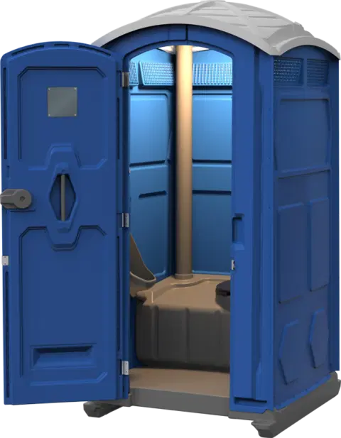 Baño portátil con puerta abierta